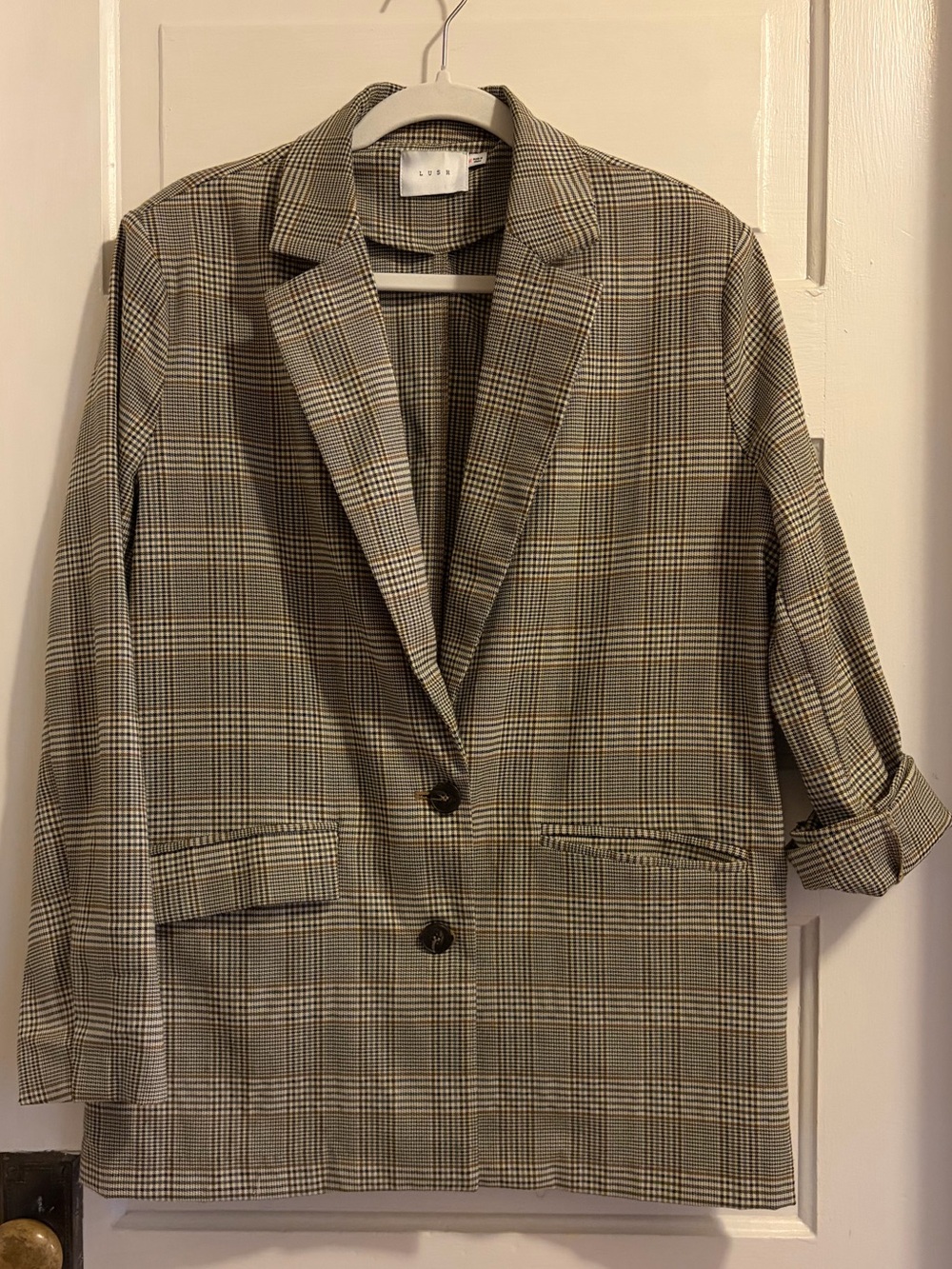 Lush Plaid Blazer Jacket - Beige and Black